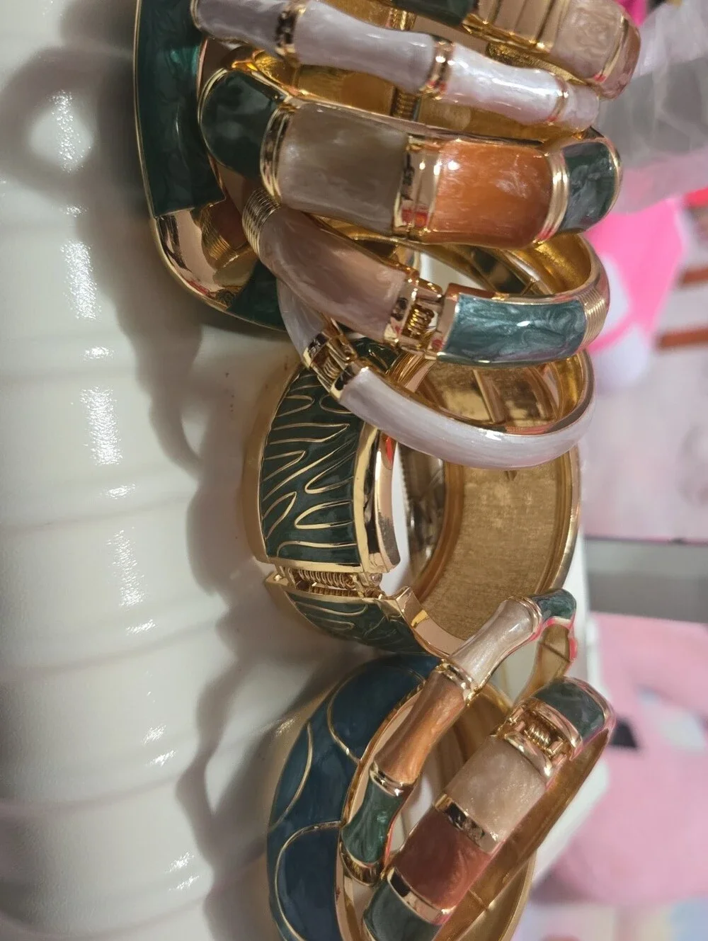 Gold-Tone Enamel Stackable Bangle Bracelets - Green & Cream